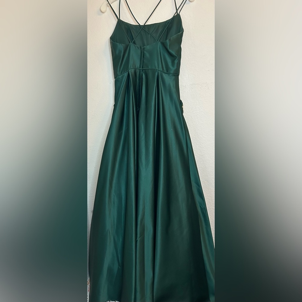 Blondie Nites Satin Dress 3 Floral Pockets Double Strap Gown Green Davids Bridal - Picture 6 of 16